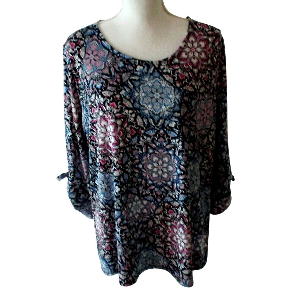 Croft & Barrow Women's Blue Floral Print Stretch Long Sleeve Shirt Size XL